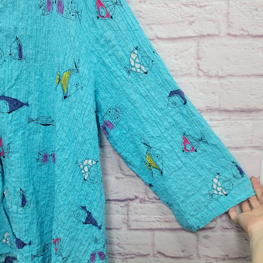 Habitat Blue Fish Print Crinkle Button Up Shirt XL Quirky Art Lagenlook Funky - Picture 5 of 8